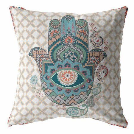 PALACEDESIGNS 18 in. Hamsa Indoor & Outdoor Throw Pillow Muted Blue Gray & Orange PA3667326